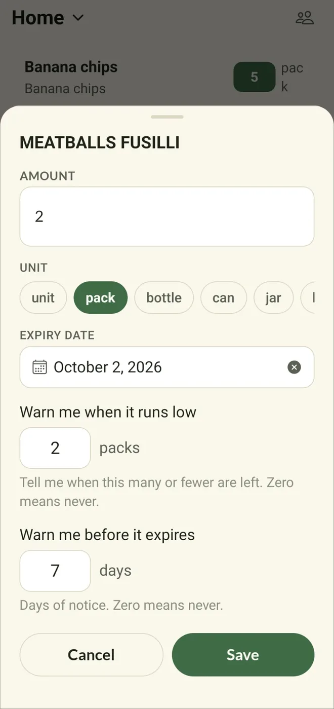 Editing an item: amount, unit, expiry date and warnings