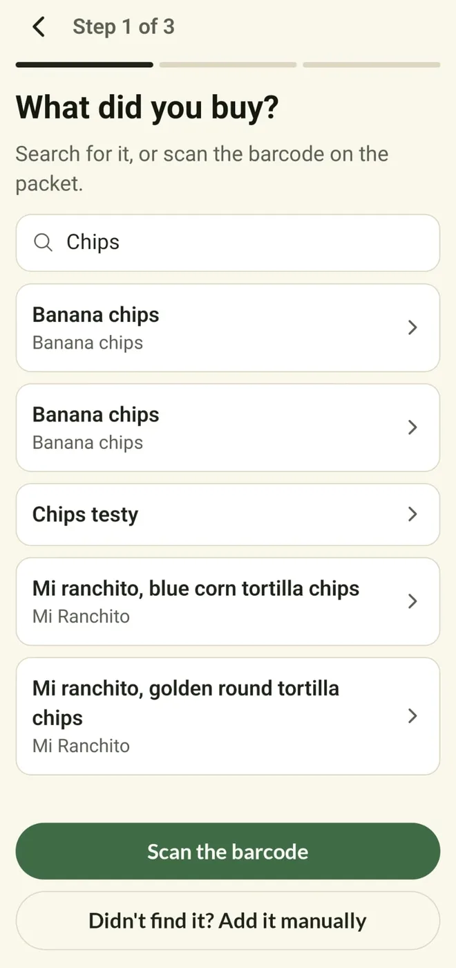 Searching for a product, with a scan-the-barcode button
