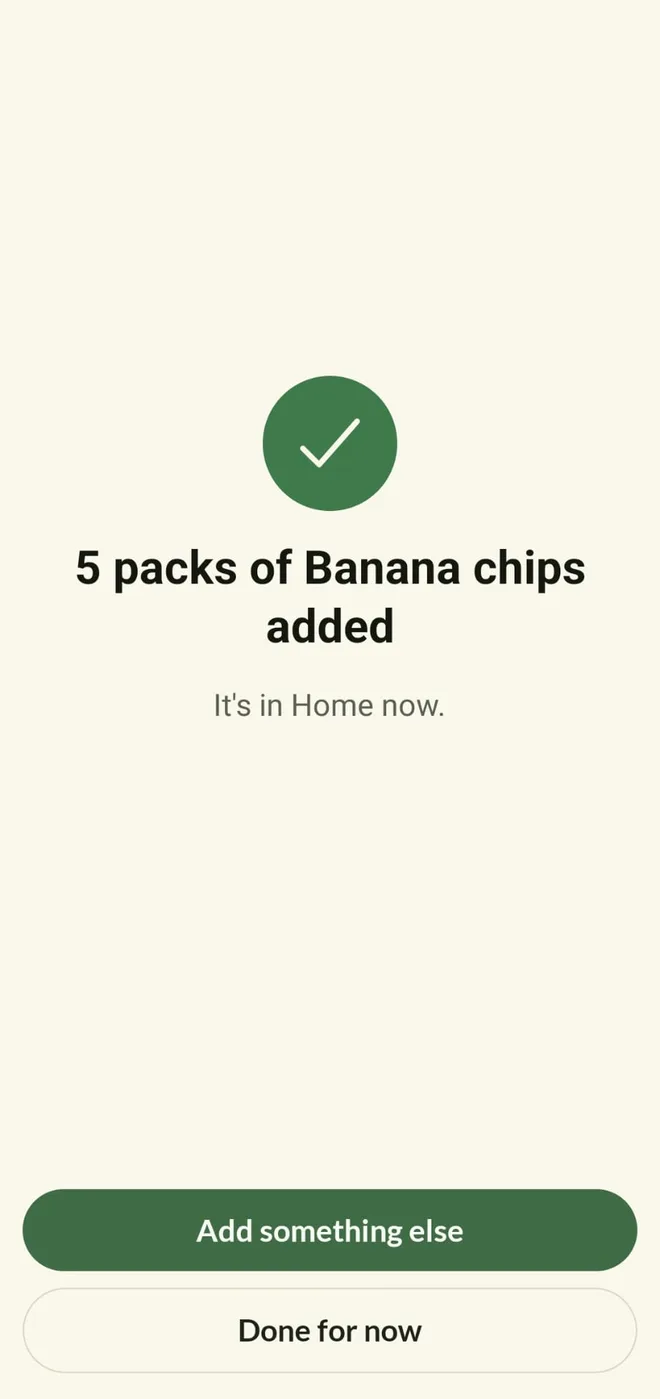 Confirmation that five packs were added to the pantry