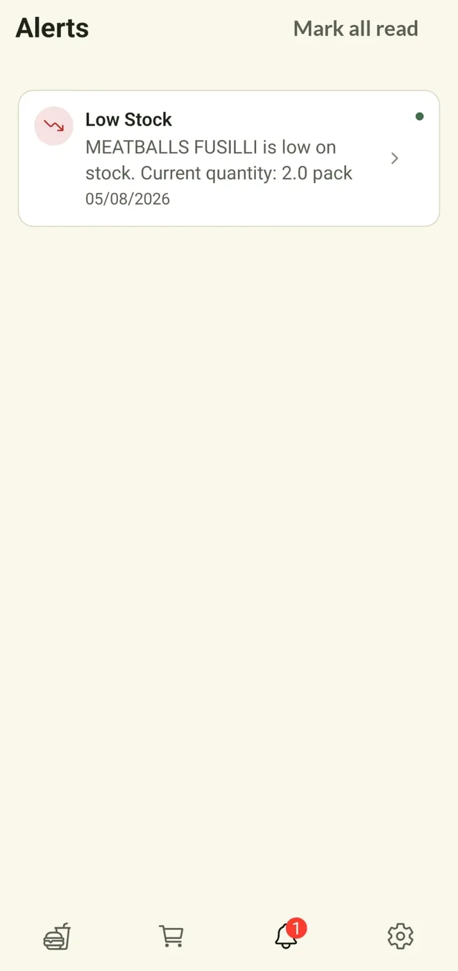 An alert saying an item is low on stock