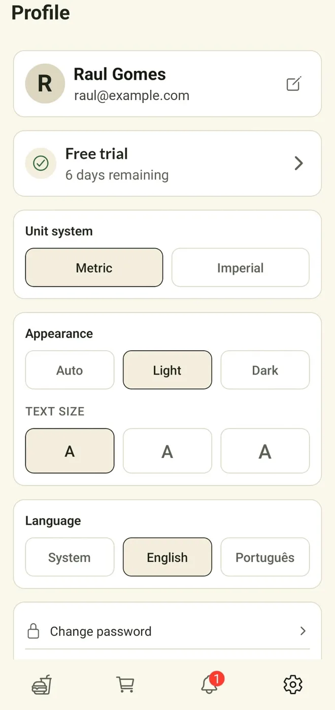 The profile screen: subscription, units, theme and language