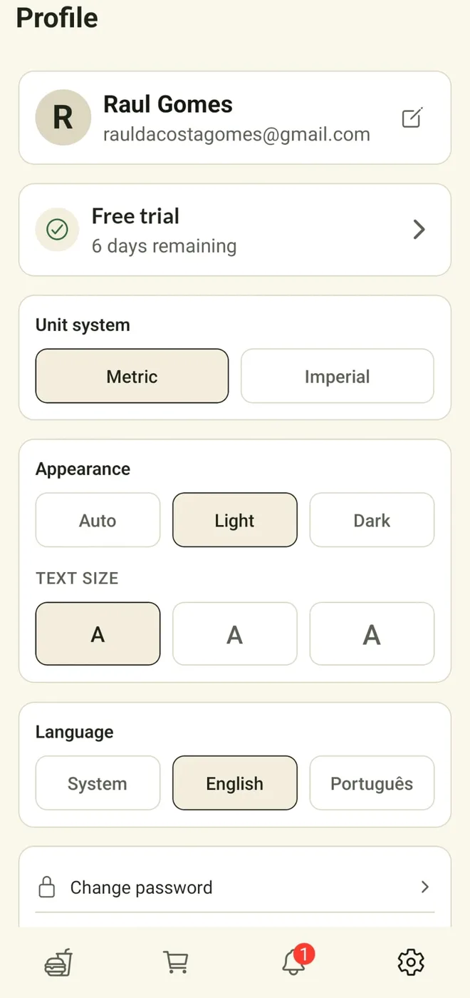The profile screen: subscription, units, theme and language